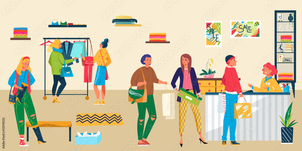 People character together stand in fashion shop queue, design clothes boutique store flat vector illustration, cashier serves customer. People character together stand in fashion shop queue, design clothes boutique store flat vector illustration, cashier serves customer.