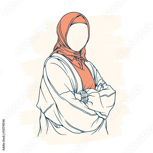 Stylish and trendy moslem woman in hijab fashion vector illustration line art isolated for boutique fashion