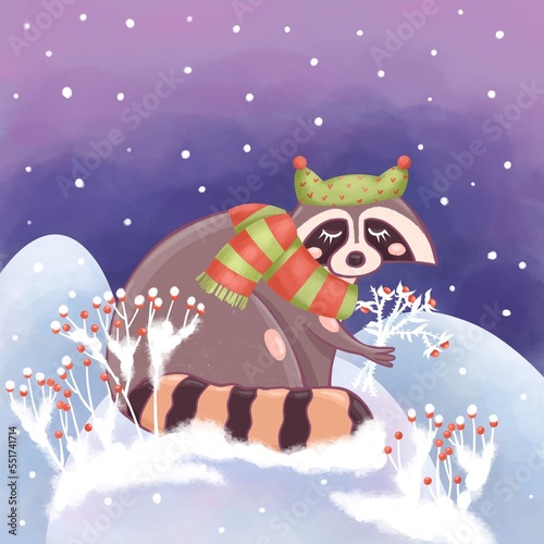 Winter postcard with a raccoon in the winter forest.
