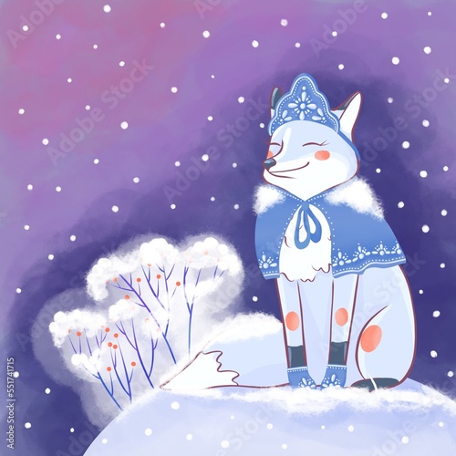 Winter postcard with a fox in the winter forest.