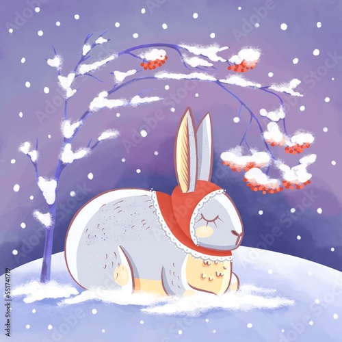 Winter greeting card with a hare, rabbit