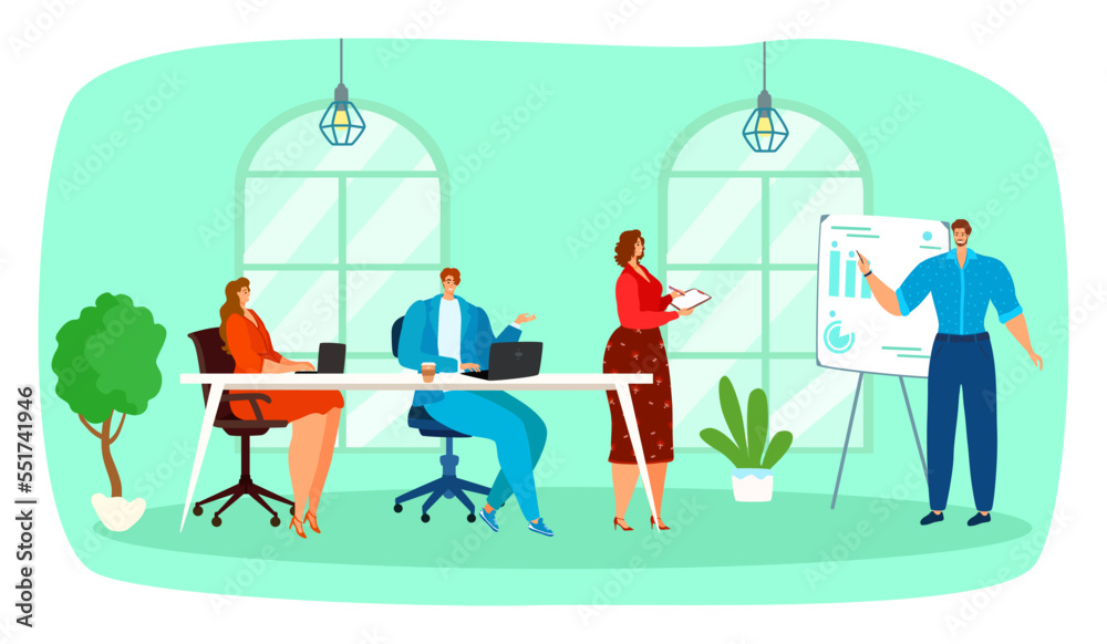 Business character people in office meeting teamwork, colleague together negotiation work flat vector illustration, isolated on white. Business character people in office meeting teamwork, colleague together negotiation work flat vector illustration, isolated on white.