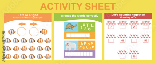 Educational printable worksheet. Activity sheet for children with sea animal theme. Counting, left or right and vocabulary worksheet. Vector illustrations.