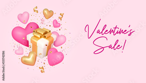 Valentine's Day sale 3d banner template. Vector pink illustration with gift box, hearts and sparkling golden confetti flying. Render holiday design, shopping concept