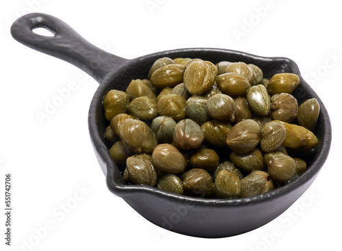 Pickled capers in black ceramic bowl isolated