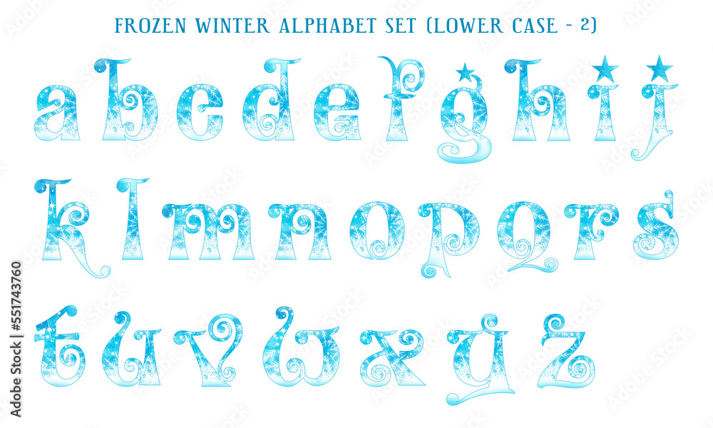 Frozen winter watercolor alphabet set, includes letters (uppercase and lowercase), numbers, and symbols. Frozen winter watercolor alphabet set, includes letters (uppercase and lowercase), numbers, and symbols.
