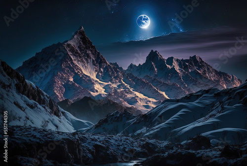 Amazing mountain peaks during the night in the highlands Moonlight casts a lovely glow on the mountain slopes at night.. Generative AI © AkuAku