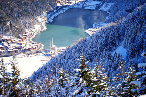 winter landscape with snow, longlike, uzungöl, uzungol, trabzon, turkey photo