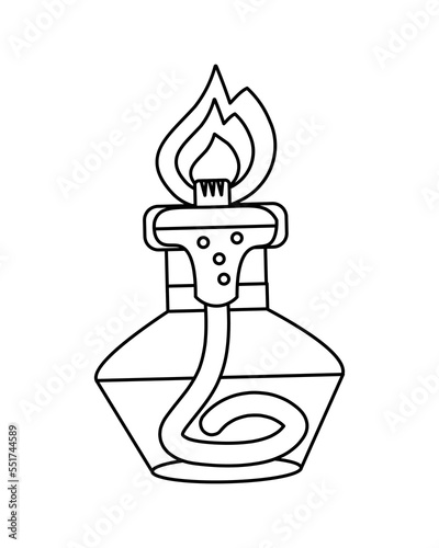 Spirit lamp with wick, glass jar of liquid and flame. Black and white outline. Vector illustration. Icon on isolated background for the design.