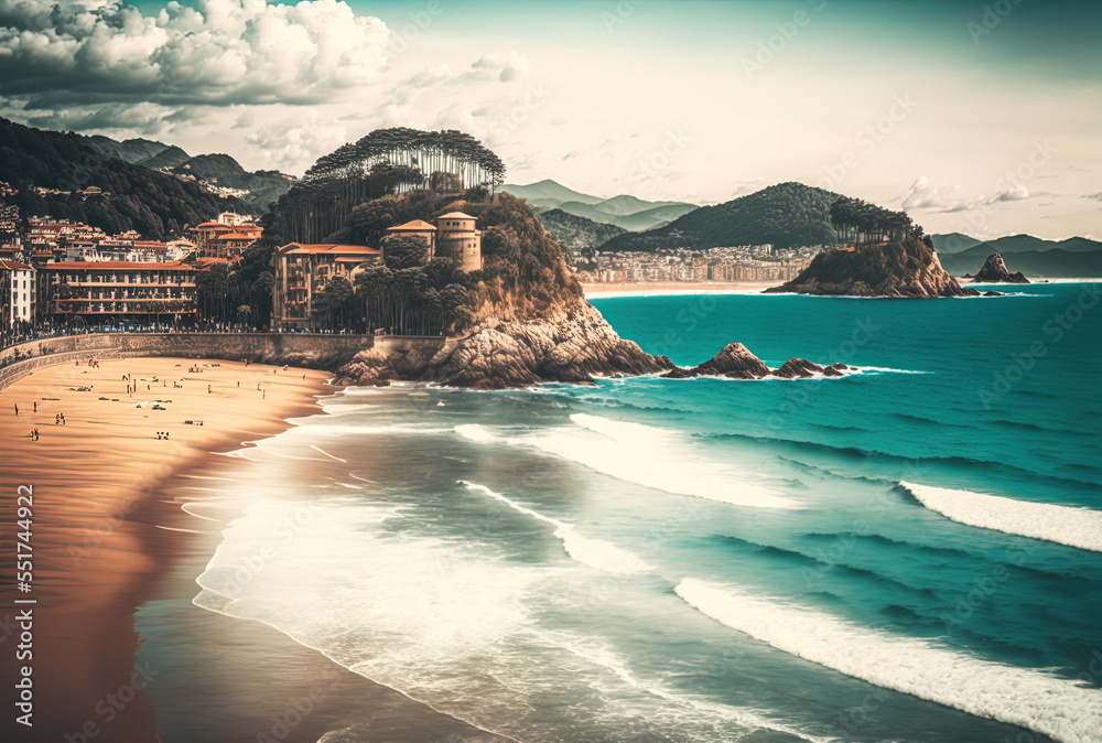Fototapeta premium Beautiful landscape of a tropical beach in the Spanish tourist town of San Sebastian. Generative AI
