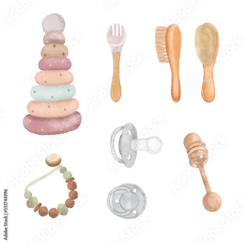 Set of Separate Watercolor parts and bring together to beautiful clothes, baby items and toy in water color style on white background.