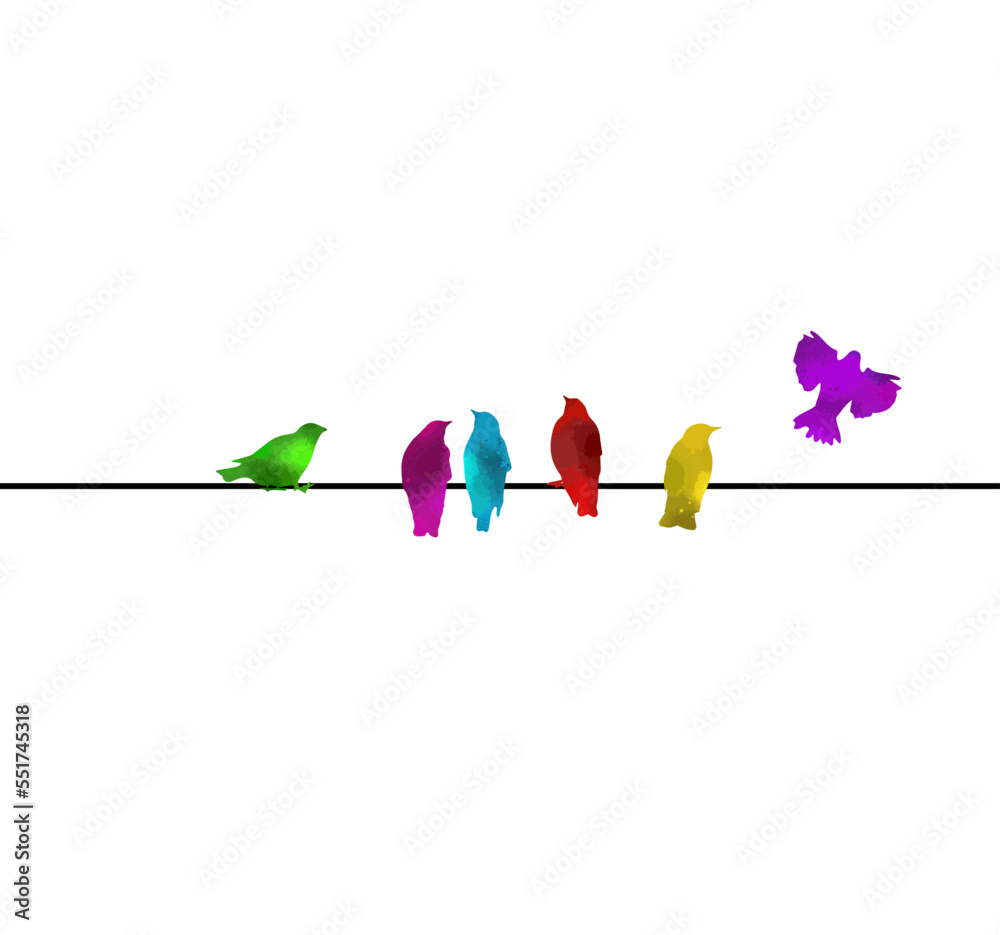 Fototapeta premium Colored birds on a wire. Vector illustration