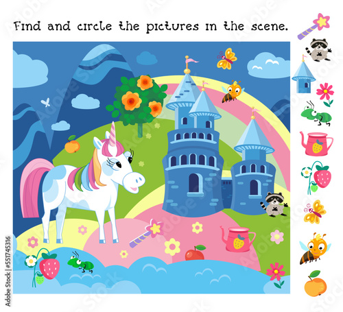 Find and circle the objects. Cute unicorn and landscape with castle and towers. Fairyland. Educational puzzle for children. Cartoon character vector illustration.