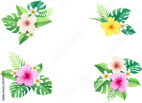 hibiscus flowers on tropical leaf frame