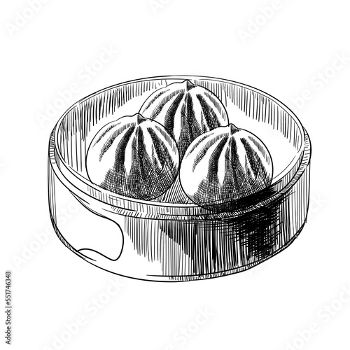 Baozi Mantou Momo Khinkali. Asian traditional food dumplings in bamboo steamer. Vector icon with chinese food steamed dumplings or buns. Black and white graphics.