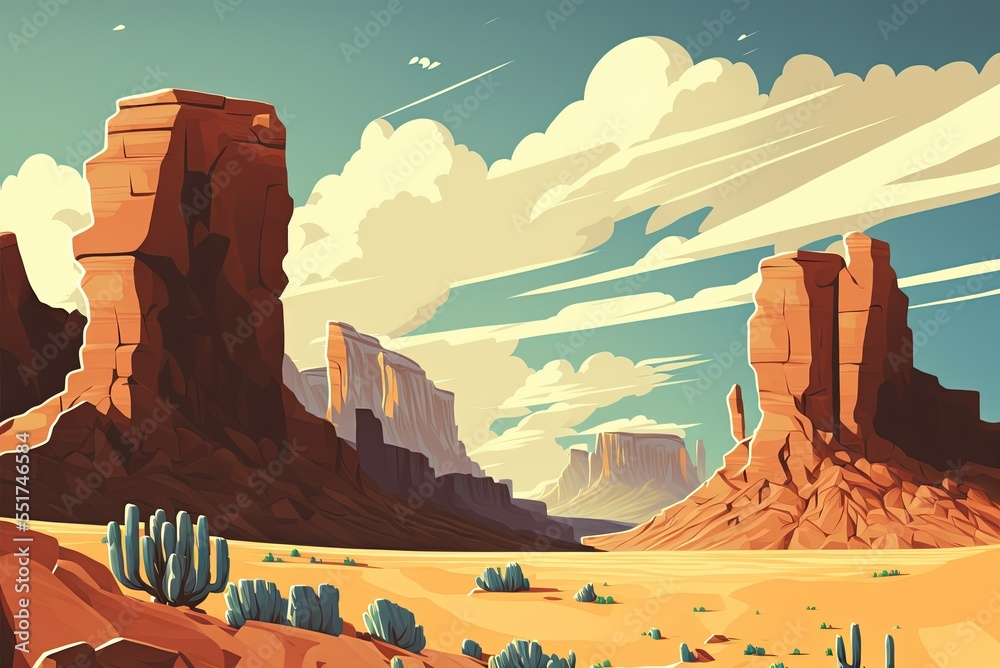 Desert valley landscape with bone dry rocky sand plains and towering eroded sandstone rock formation cliffs. generative AI 