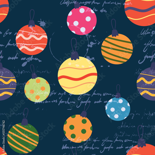 Christmas seamless pattern retro balls, toys unreadable text. Doodle vintage icons
