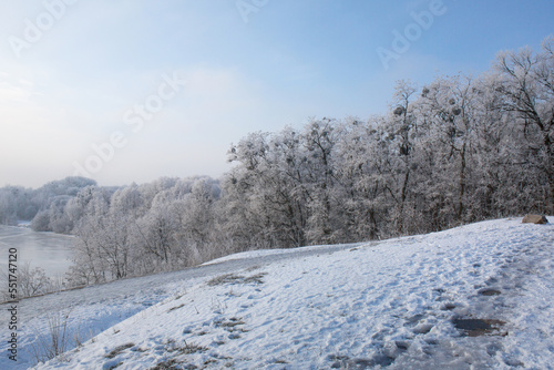 A forest covered with frost near a frozen river © Mallivan