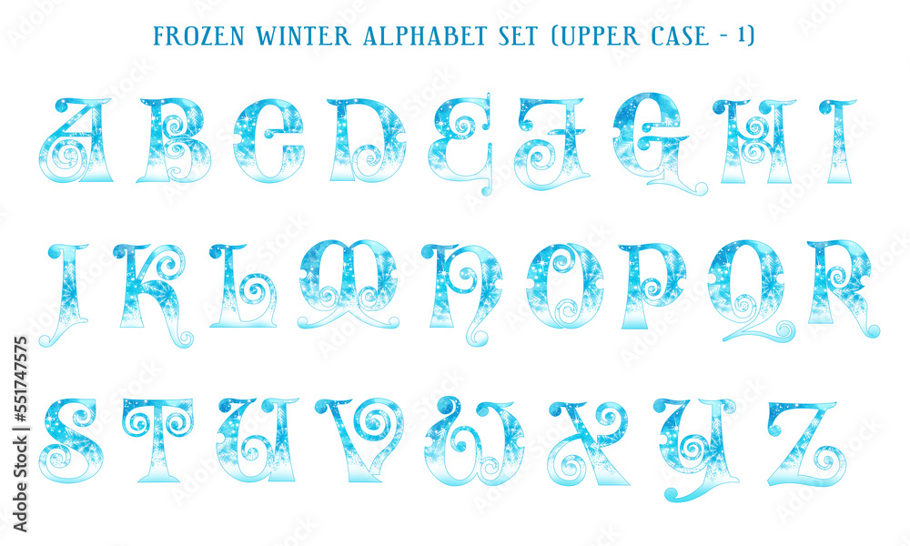 Frozen winter watercolor alphabet set, includes letters (uppercase and lowercase), numbers, and symbols. Frozen winter watercolor alphabet set, includes letters (uppercase and lowercase), numbers, and symbols.