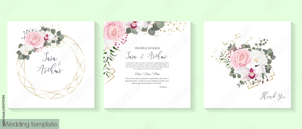 Vector template for wedding invitations. Pink roses, ranunculus, white and pink orchids, eucalyptus, green leaves, berries, glitter, gold geometric shapes 