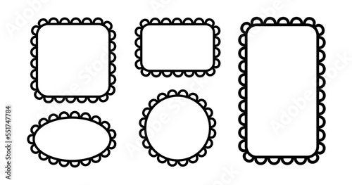 Circle and square scalloped frames. Scalloped edge rectangle and ellipse shapes. Simple label and sticker form. Flower silhouette lace frame. Vector illustration isolated on white background.