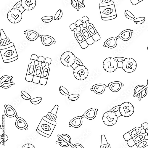 Ophthalmology, optometry hand drawn seamless pattern. Contact lenses, eye drops and glasses in doodle style. Optometry doodle pattern. Vector illustration on white background.