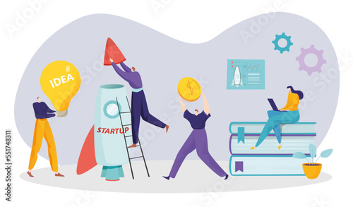 Design engineer startup rocket business creative light bulb idea, colleague together project deal flat vector illustration, isolated on white.