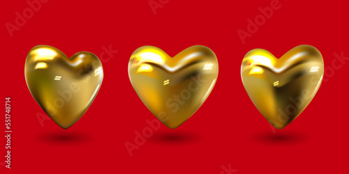 3D golden hearts set. Realistic shiny objects for holiday design. Vector illustration 