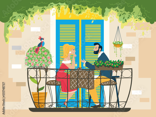 Lovely couple male and female romantic dinner on balcony, pair in love spend time together flat vector illustration, comrotable place.