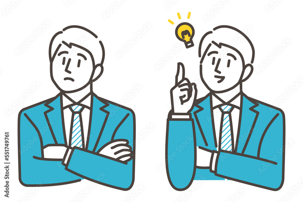 Businessman in distress, thinking, and having trouble, and businessman smiling after solving a problem [Vector illustration Businessman in distress, thinking, and having trouble, and businessman smiling after solving a problem [Vector illustration