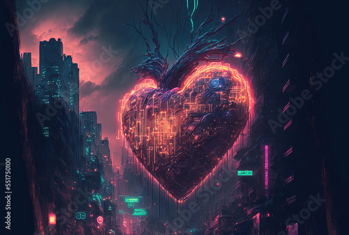 neural network generated art painting of a cyberpunk neon high tech heart in a nighttime metropolis setting. Generative AI