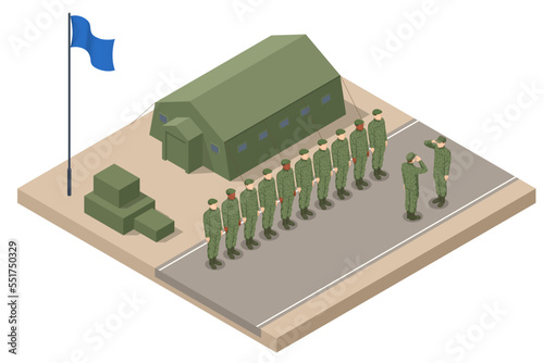 Isometric Soldiers standing in line at camp. Special force crew. Military concept for army, soldiers and war.