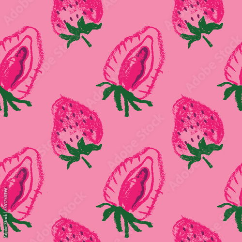 Strawberry pattern seamless, strawberries illustration for fabric ornament and textile design. Hand drawn vector red berry. Juice or jam label design. Color berries background. Strawberry backdrop.