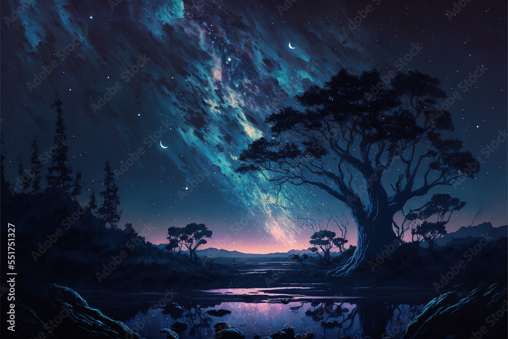 Fototapeta premium Clear Night with galaxy, Lake Reflection, Sky with Movie Atmosphere and Wonderful Cloud, Beautiful Colorful Landscape, Anime Comic Style Art. For Poster, Novel, UI, WEB, Game, Design