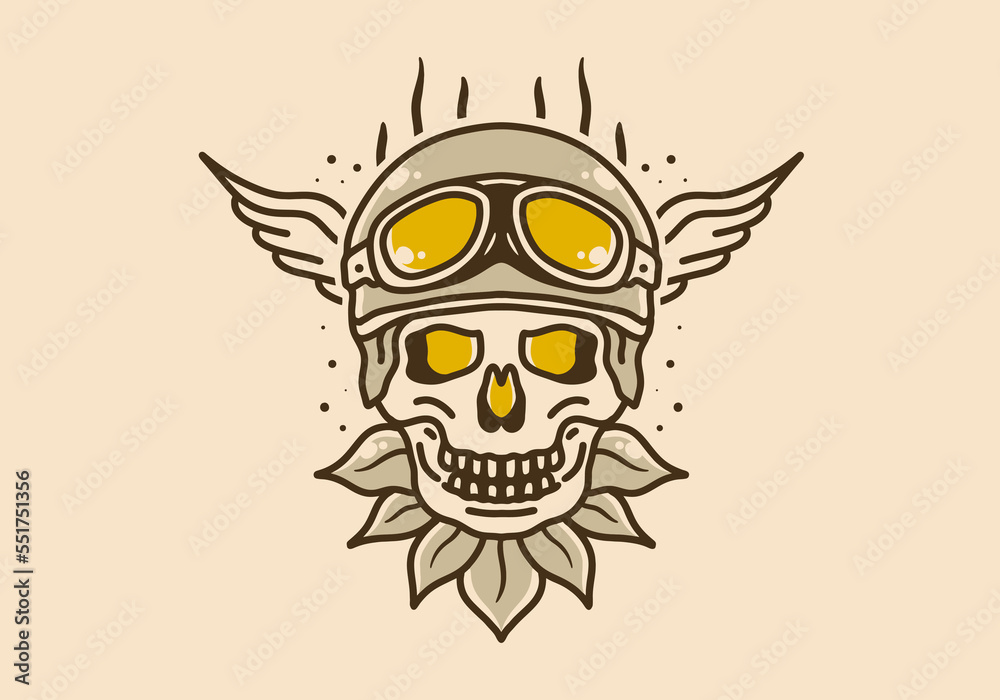 Vintage illustration design of skull wearing a helmet and goggles with wings on the sides