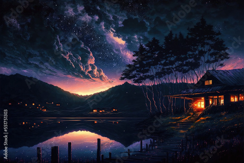 Clear Night with galaxy  Lake Reflection  Sky with Movie Atmosphere and Wonderful Cloud  Beautiful Colorful Landscape  Anime Comic Style Art. For Poster  Novel  UI  WEB  Game  Design