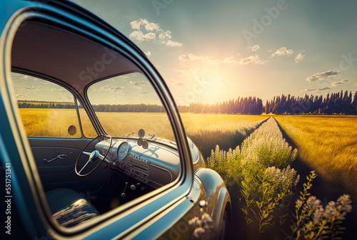 View of a meadow in the sun from a stylish automobile. Generative AI