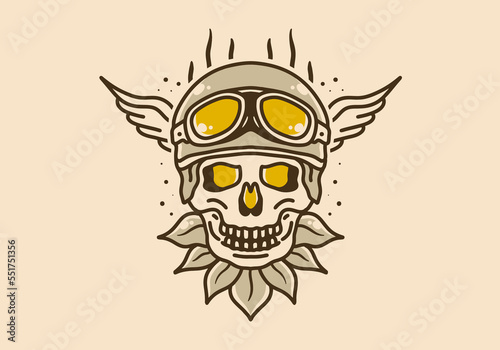 Vintage illustration design of skull wearing a helmet and goggles with wings on the sides