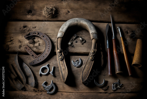 Tela Horseshoes and tools on a weathered wood background
