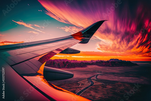A plane's wing against a backdrop of beautiful skies during sunset. Generative AI