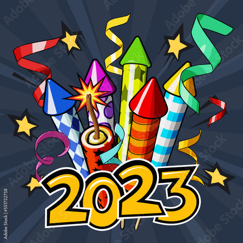 2023 text and New Year fireworks  Happy New Year greetings against a starry night sky. Vector illustration in comic pop art style