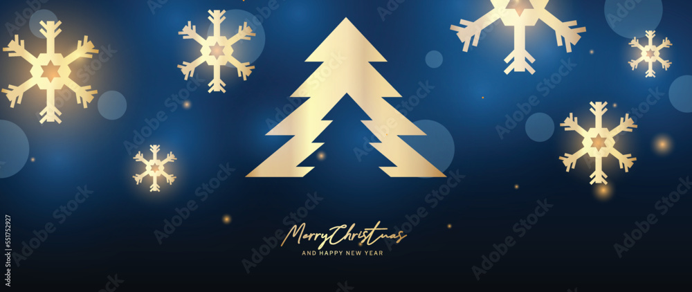 Luxury christmas and happy new year concept background vector. Elegant glowing gold christmas tree and snowflake on dark blue bokeh background. Design illustration for wallpaper, card, cover, poster.