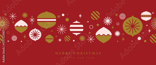 Merry christmas and happy new year concept background vector. Decorative bauble ball, sparkle, star horizontal seamless pattern on red background. Design for wallpaper, card, cover, poster, banner.