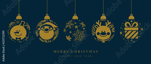 Merry christmas and happy new year concept background vector. Cute decorative hanging bauble ball, snowman reindeer, santa, present box, seamless pattern. Design for wallpaper, card, cover, poster.