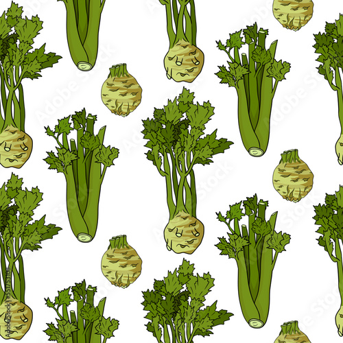Celery vector seamless pattern. Detailed vegetarian food drawing. Farm market product