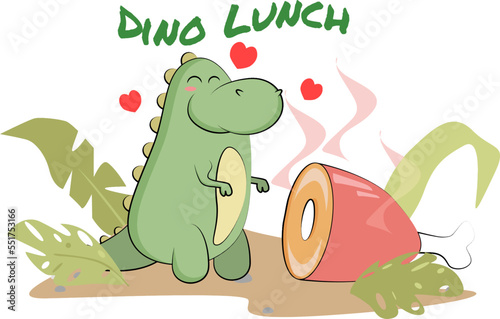 funny dinosaur came to dinner and eat a meat