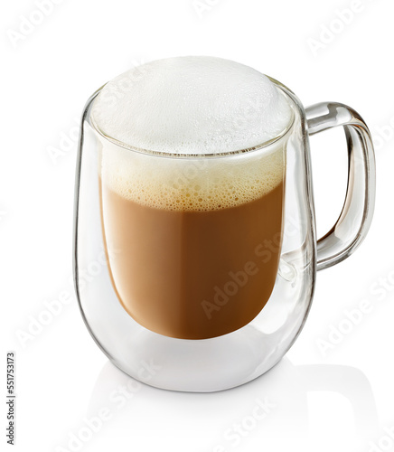 cappuccino with milk foam in cup isolated on white