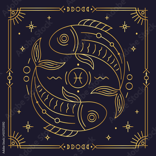 Pisces zodiac astrological horoscope golden sign dark navy card. Stylized Fishes symbol of esoteric, zodiacal astrological calendar, horoscope constellation thin line vector illustration photo