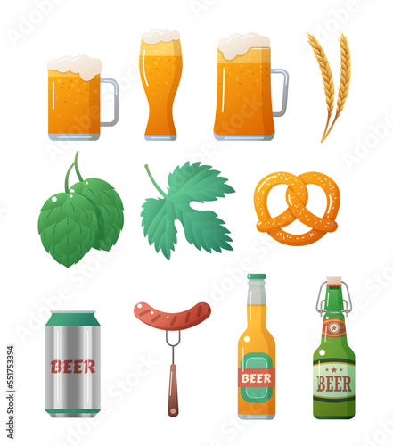 Set of brewing ingredients, beer bottle, mug and snacks. Glass beer mugs with overflowing froth, bottles, aluminium can, sausage and pretzel. Oktoberfest menu design elements