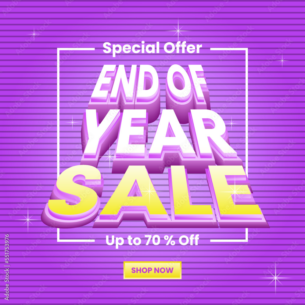 sale promotion for end of year design. 3d text effect, puple background, stripes pattern concept. use for banner, poster, brochure, advert, marketing, ads